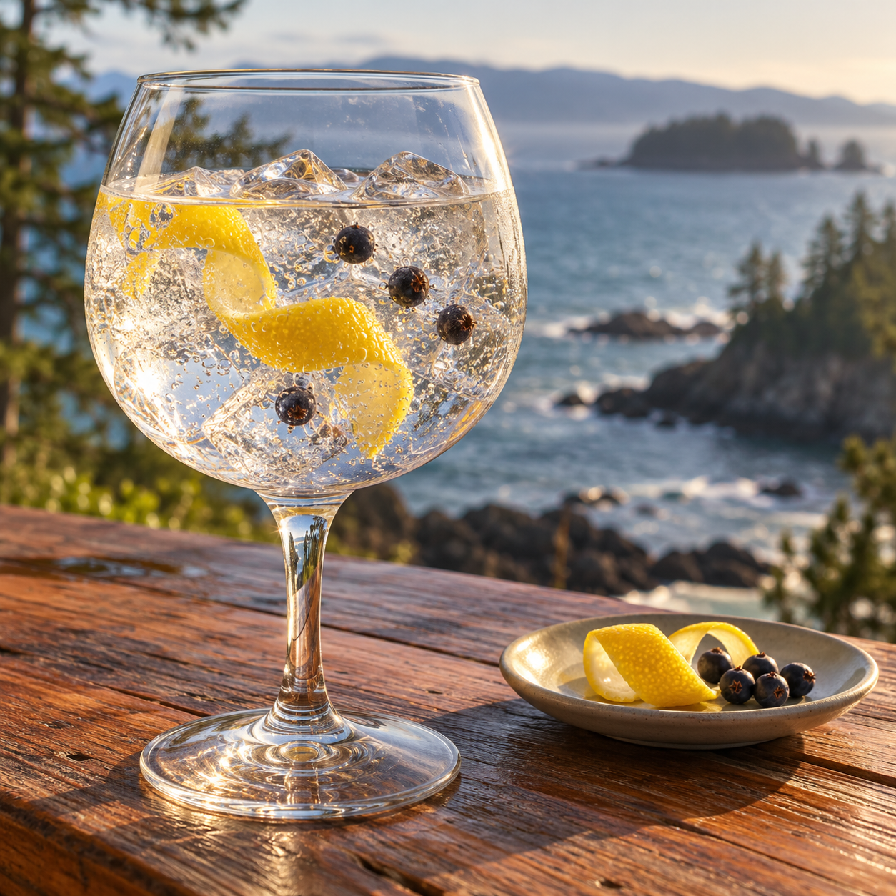 Shelter Point Saratoga Sands Gin servi avec Fentimans Premium Indian Tonic Water, agrémenté de zeste de citron et baies de genièvre