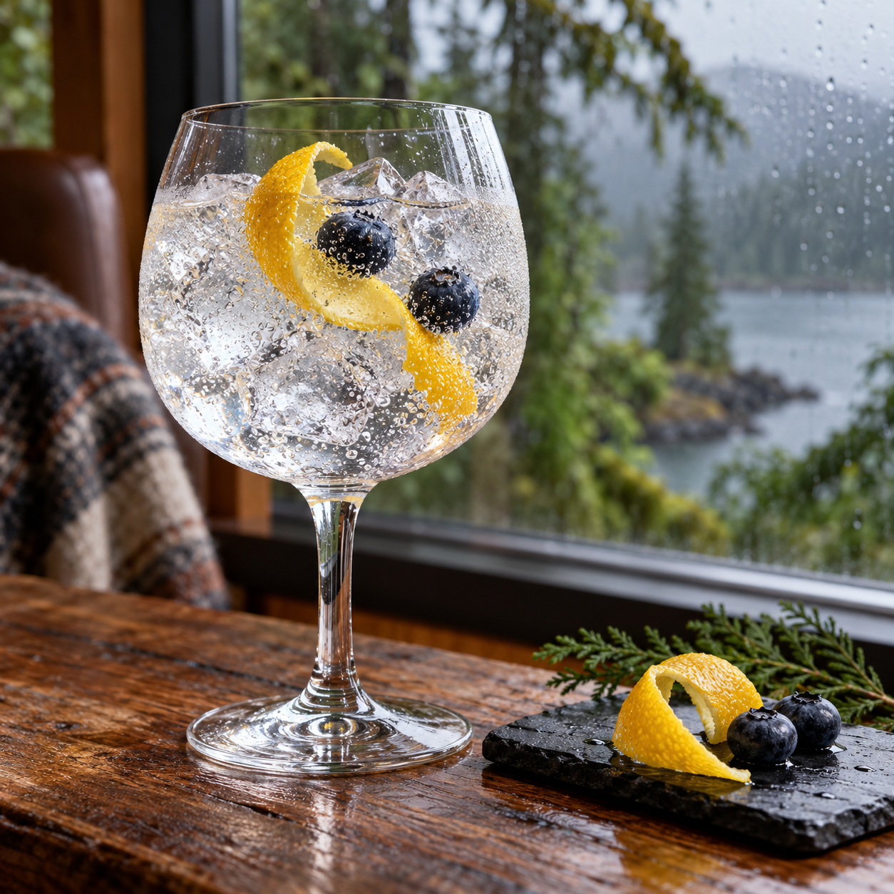 Sheringham Raincoast Gin served with East Imperial Old World Tonic Water, garnished with Lemon twist and Blueberries