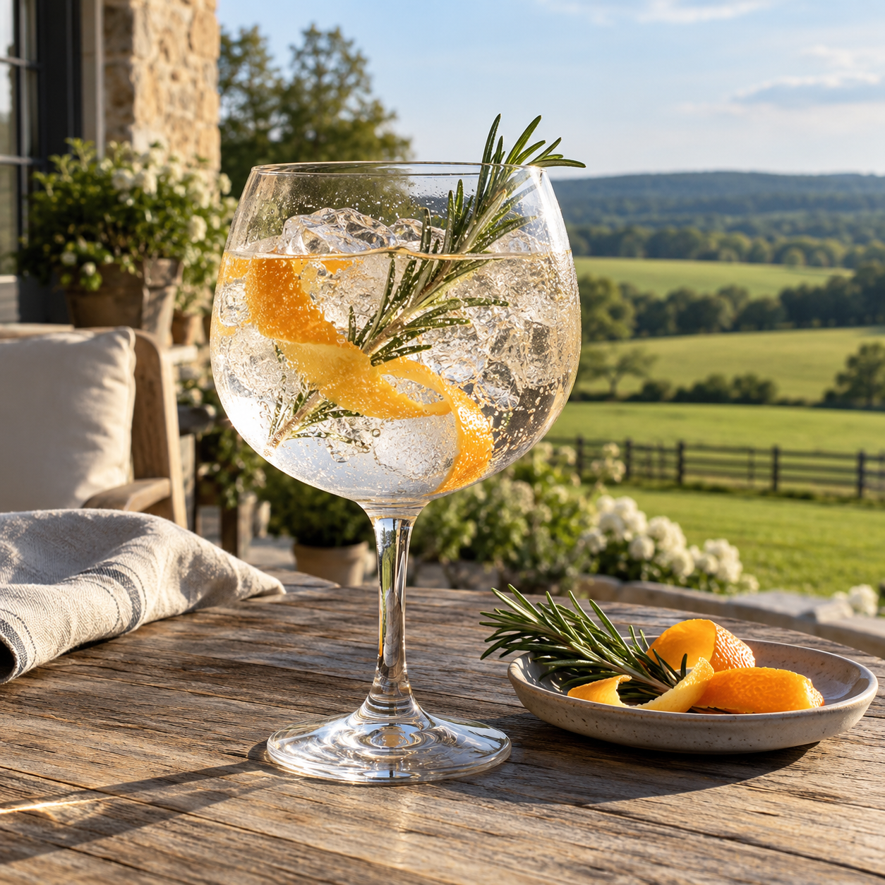 Eight Oaks American Gin served with Double Dutch Indian Tonic Water, garnished with Orange twist and Rosemary Sprig