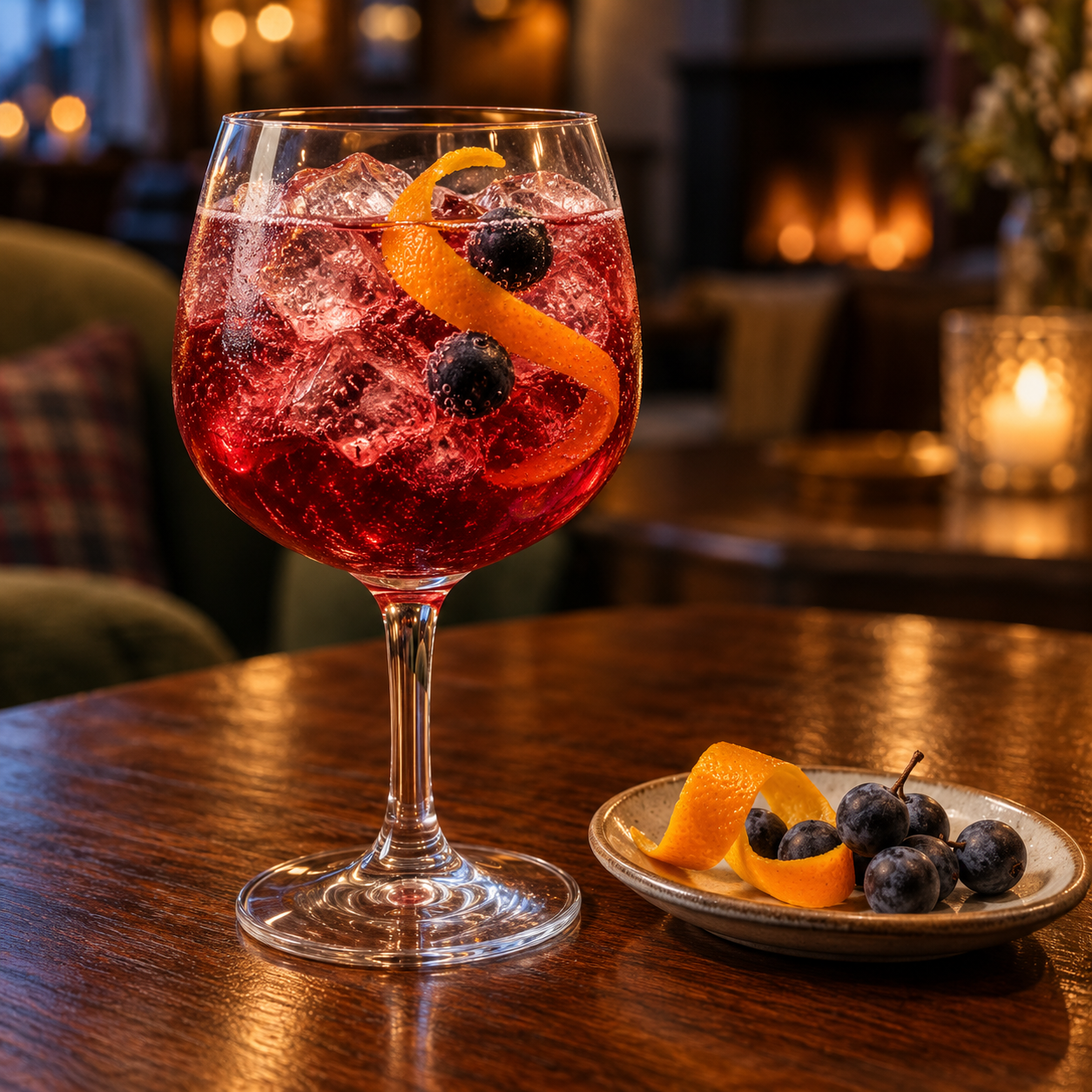 Curiosity Pinot Barrel Sloe Gin servi avec East Imperial Old World Tonic Water, agrémenté de prunelle sauvage et zeste d'orange