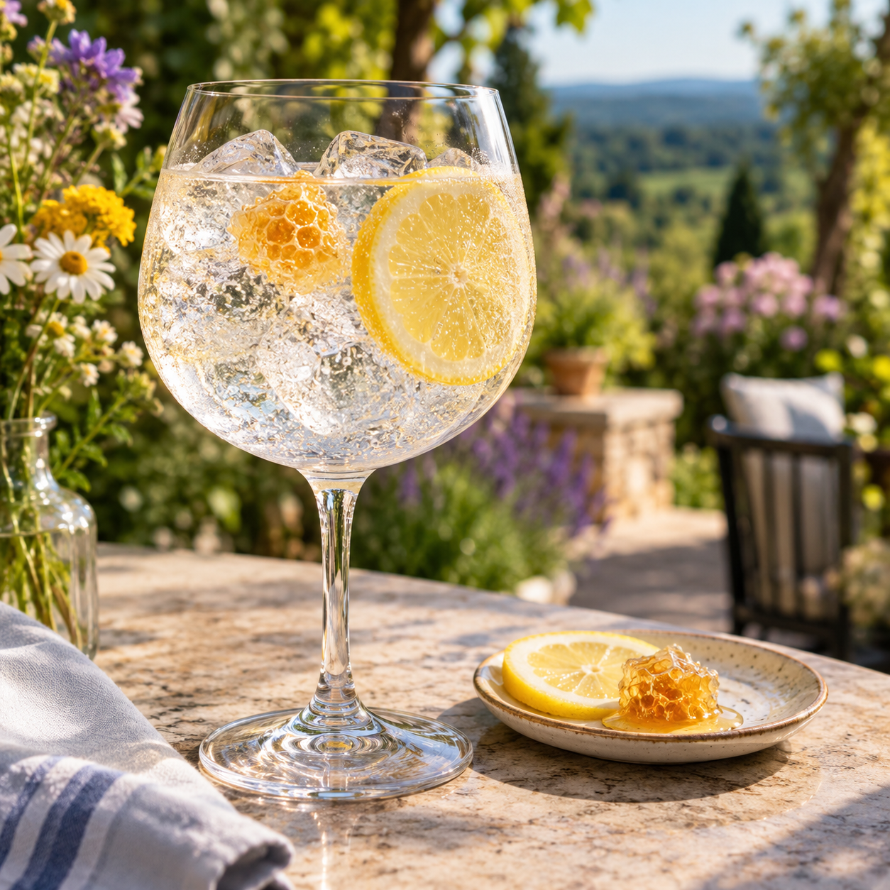 Bluebird Honeycomb Gin served with Franklin & Sons Mediterranean Tonic Water, garnished with Lemon Wheel and Rosemary Sprig