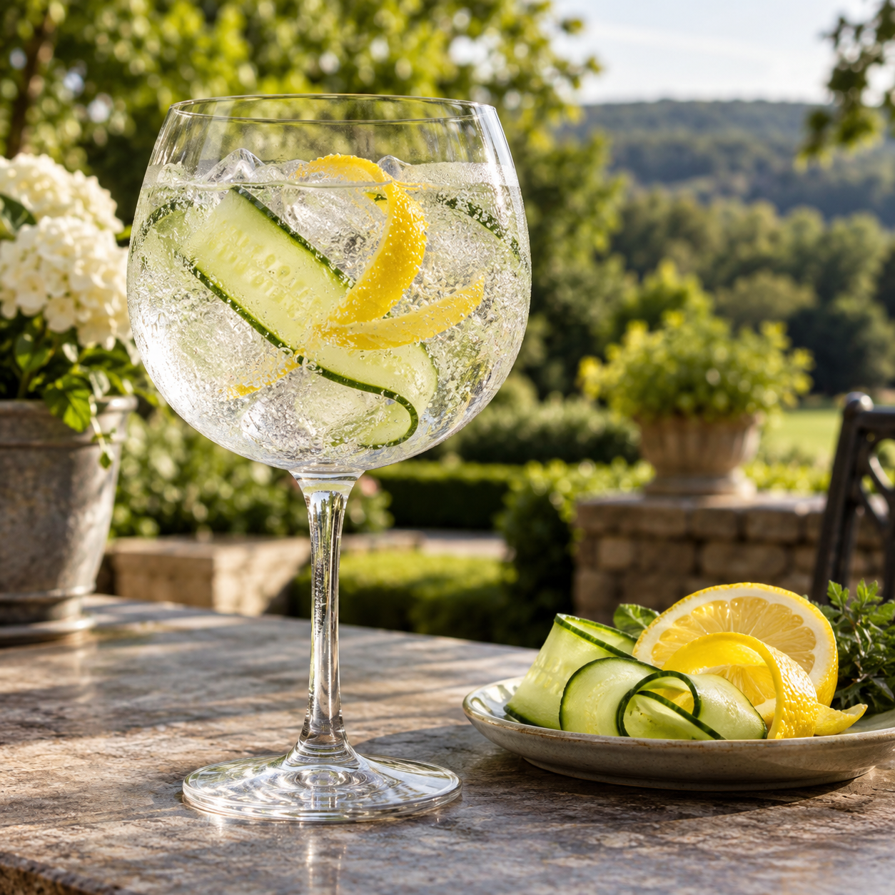 Bluebird Juniperus Gin served with East Imperial Burma Tonic Water, garnished with Cucumber Ribbon and Lemon twist