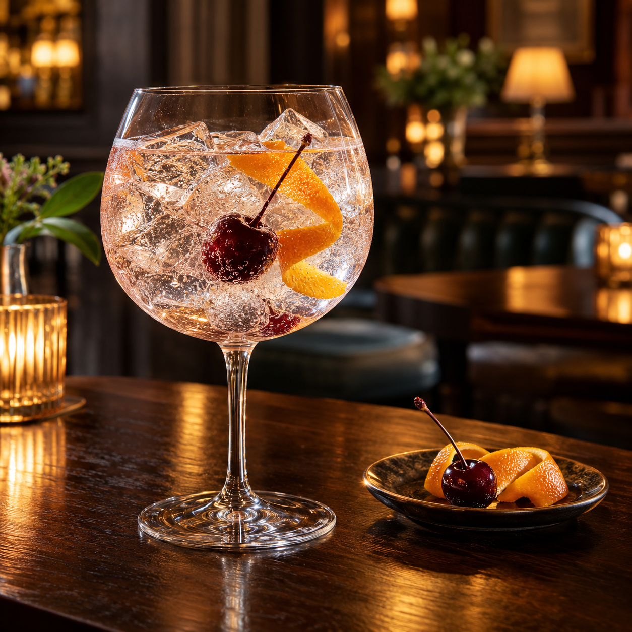 Bluebird Rosso Americano Gin served with Fentimans Pink Grapefruit Tonic Water, garnished with Cherry and Orange Peel