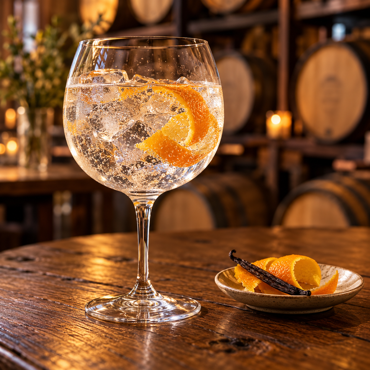 Bluebird Barrel-Rested American Gin served with Fever-Tree Mediterranean Tonic Water, garnished with Orange twist and Juniper Berries