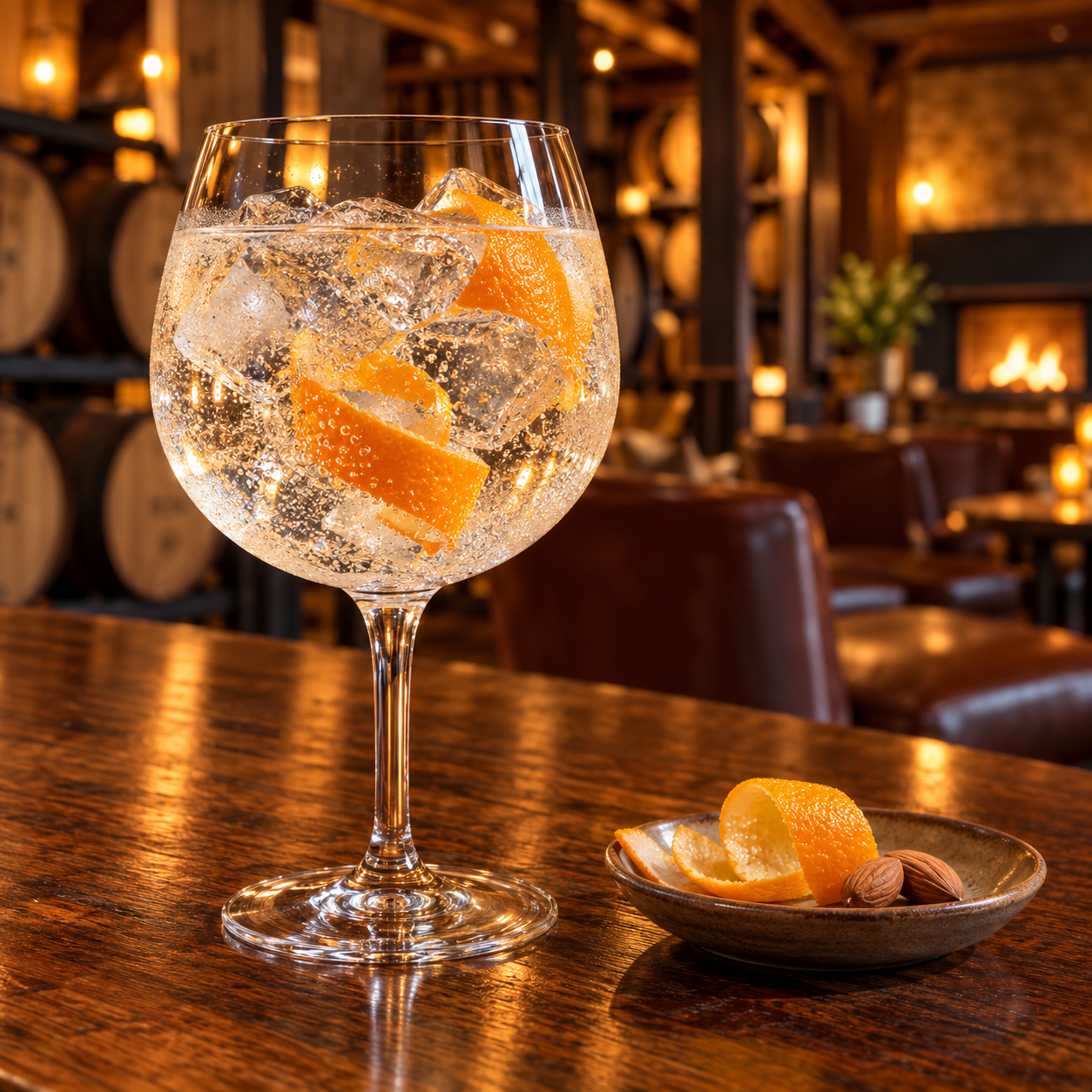 Barrel 21 Barrel Rested Gin served with Schweppes Dry Tonic, garnished with Orange twist and Toasted Almond