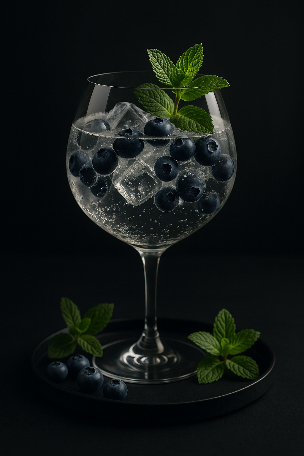 Bareksten Botanical Gin served with Fever-Tree Mediterranean Tonic Water, garnished with Fresh mint sprig and Fresh blueberries