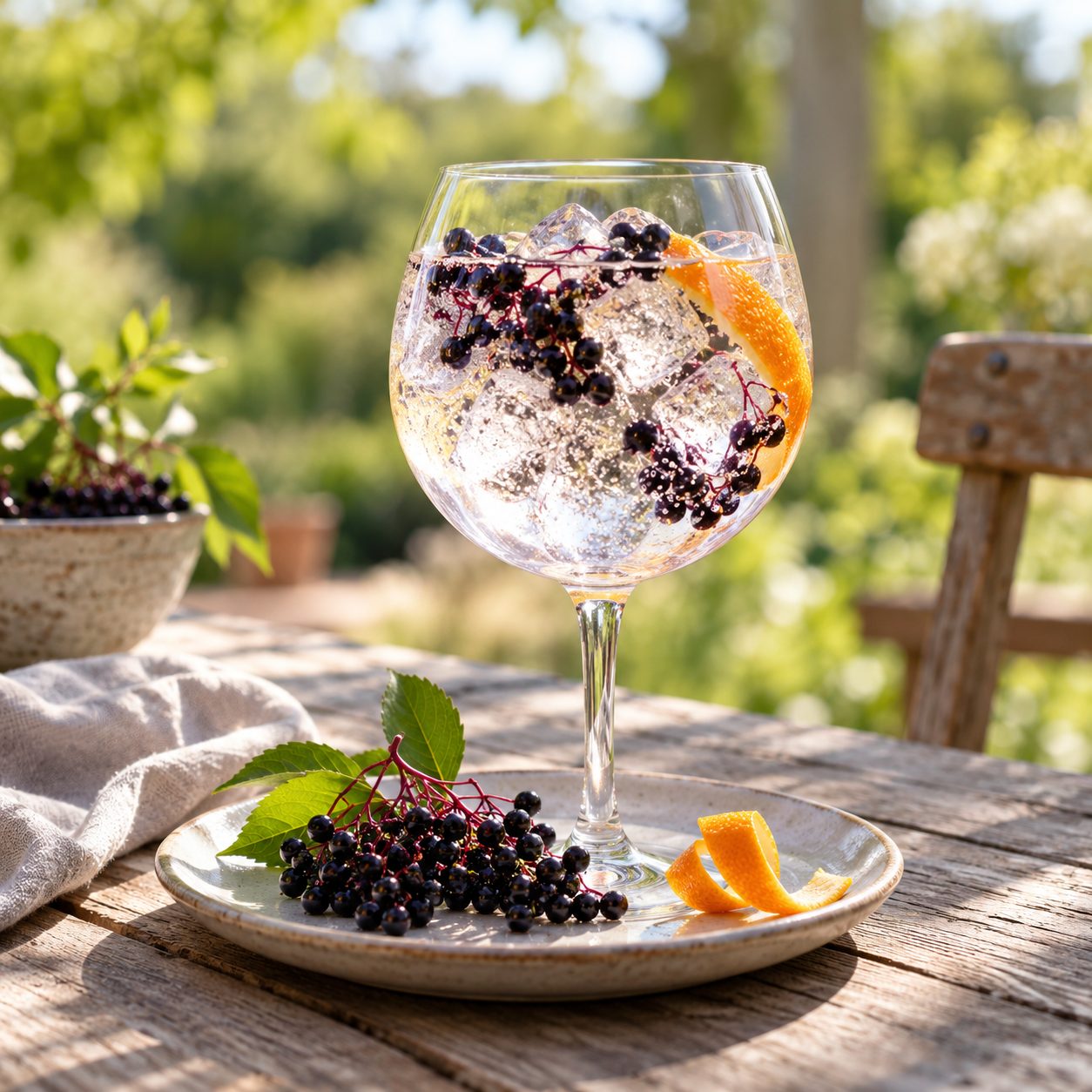 Arbutus Elderberry Gin served with Double Dutch Pomegranate Basil Tonic, garnished with Fresh raspberry and Orange twist