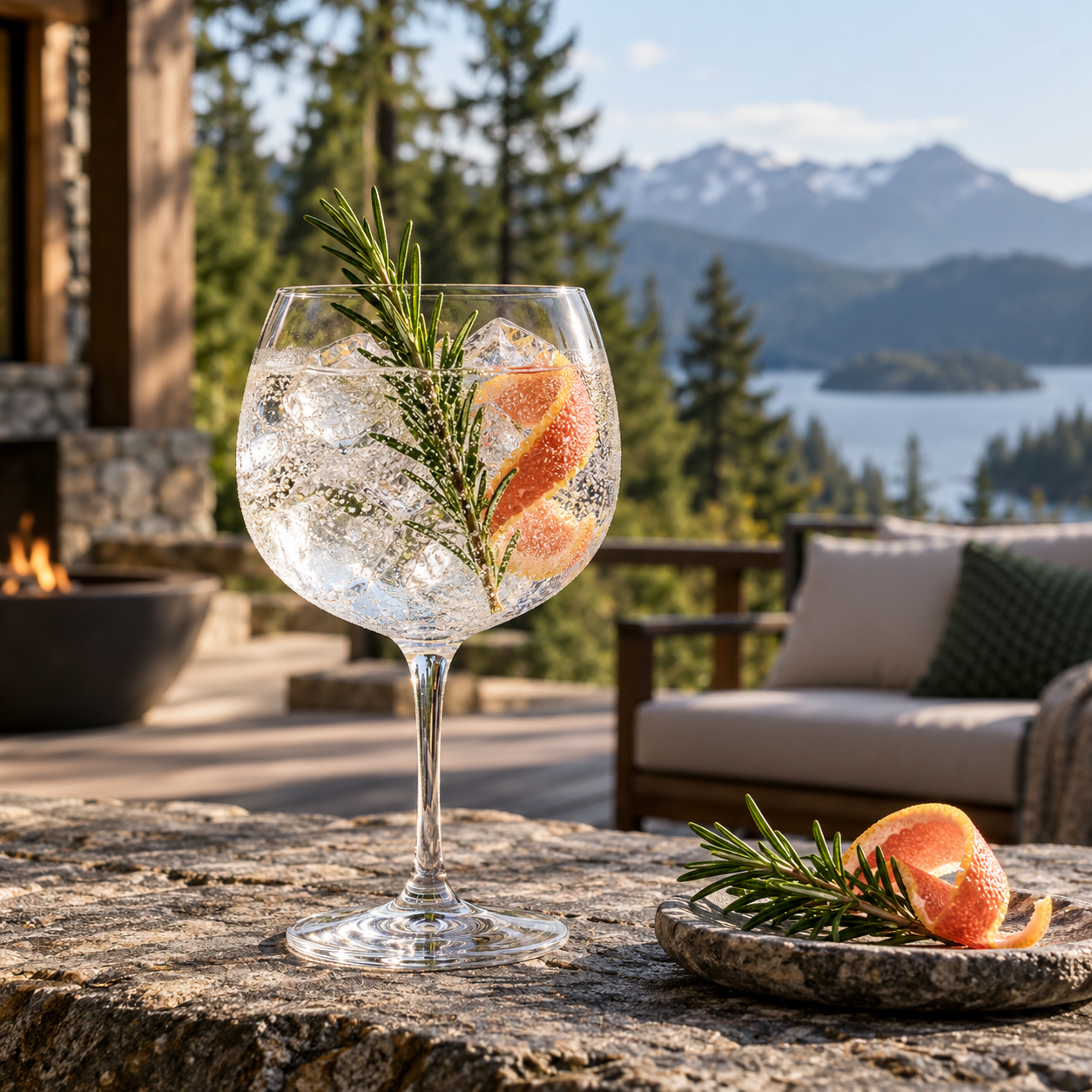 Arbutus Forest Dweller Gin served with London Essence Grapefruit & Rosemary Tonic Water, garnished with Short fresh rosemary sprig and Grapefruit Twist