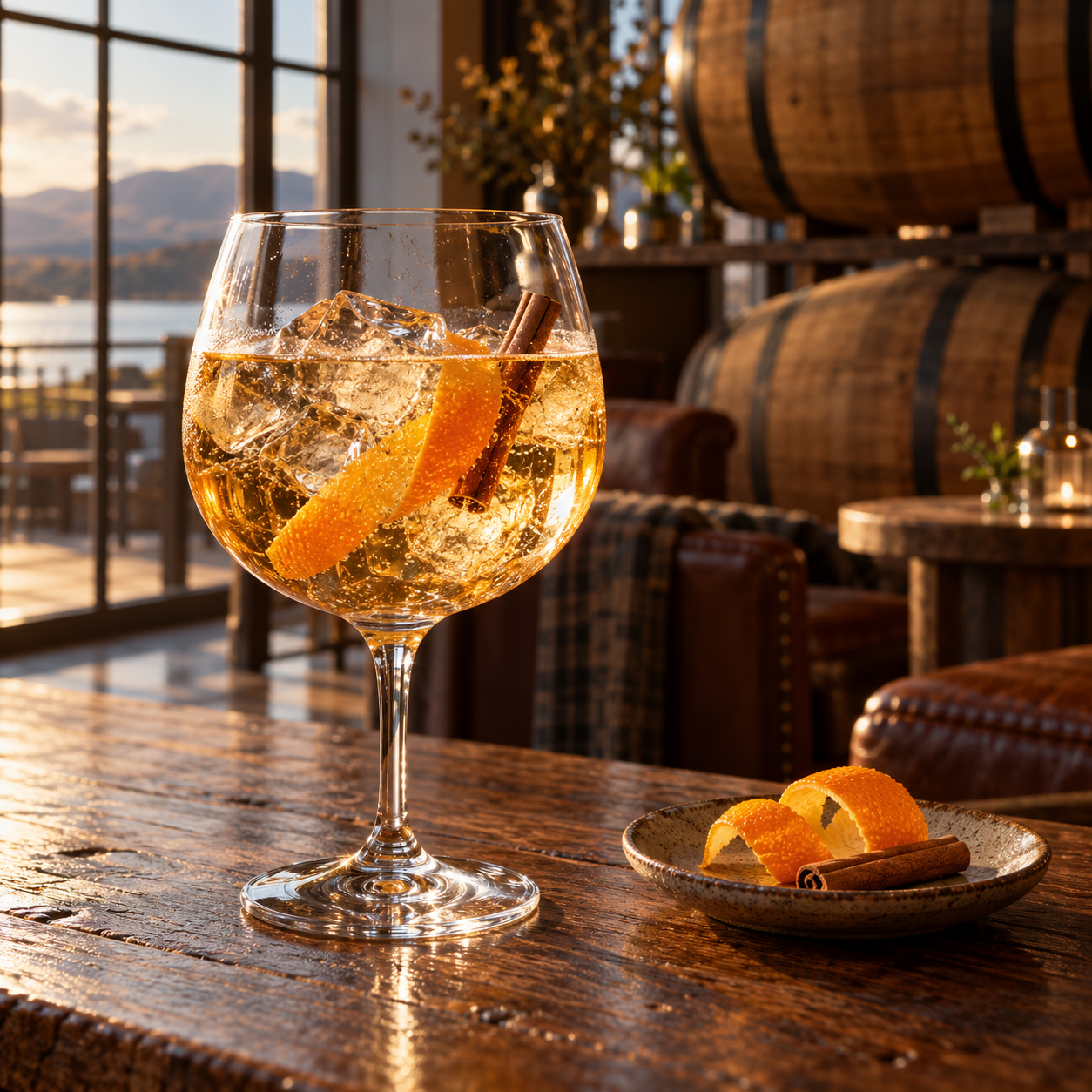 Arbutus Barrel Aged Gin served with East Imperial Burma Tonic Water, garnished with Orange twist and Cinnamon Stick