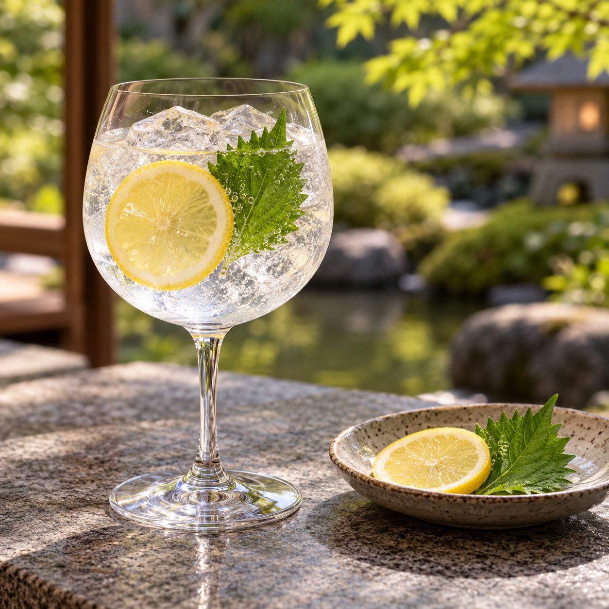 Shiso Gin served with Fentimans Herbal Tonic Water, garnished with Lemon Wheel and Shiso Leaf