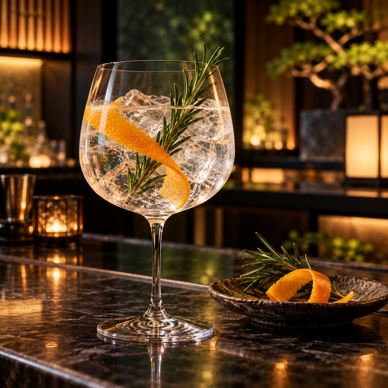 THE HERBALIST YASO JIN served with Thomas Henry Botanical Tonic, garnished with Fresh Rosemary Sprig