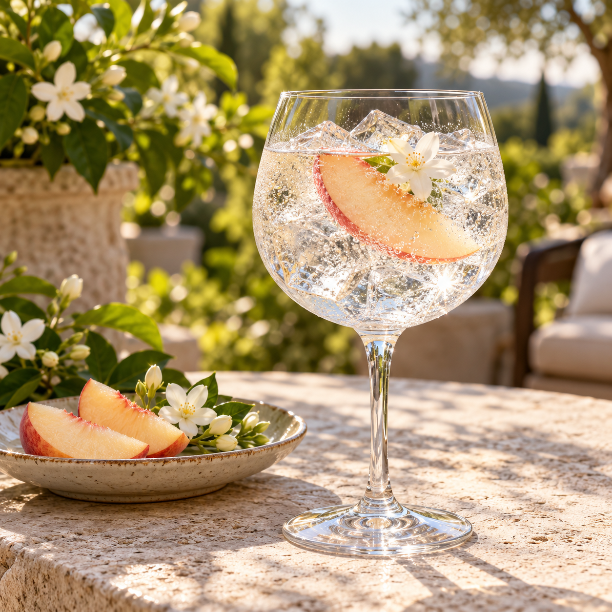 THE HERBALIST YASO GIN Premium Edition Sillage Léger served with Double Dutch Elderflower Tonic, garnished with Fresh Peach Slice