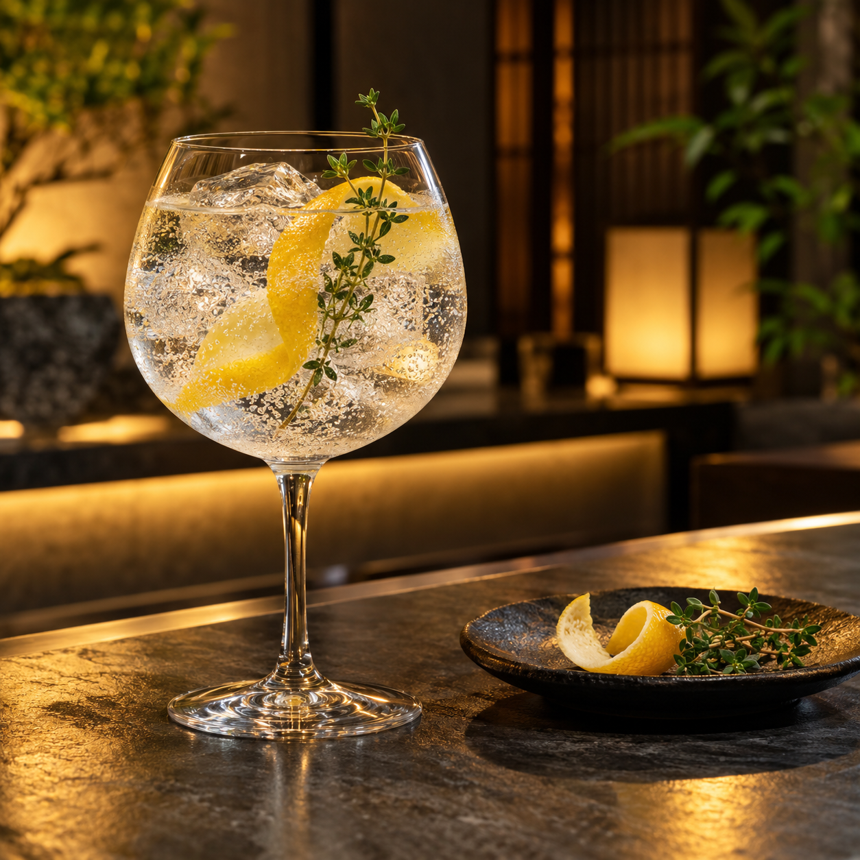 THE HERBALIST YASO GIN LEMON servi avec Fentimans Oriental Yuzu Tonic, agrémenté de zeste de citron frais