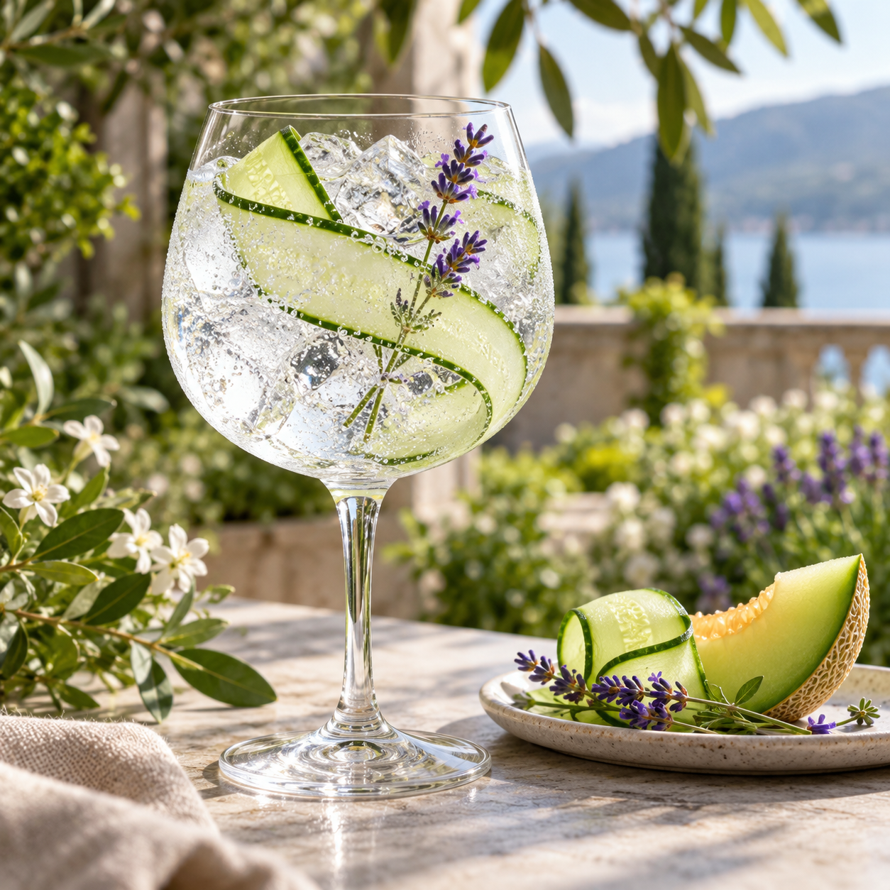 THE HERBALIST YASO GIN FRESH served with Double Dutch Cucumber Watermelon Tonic, garnished with Cucumber Ribbon