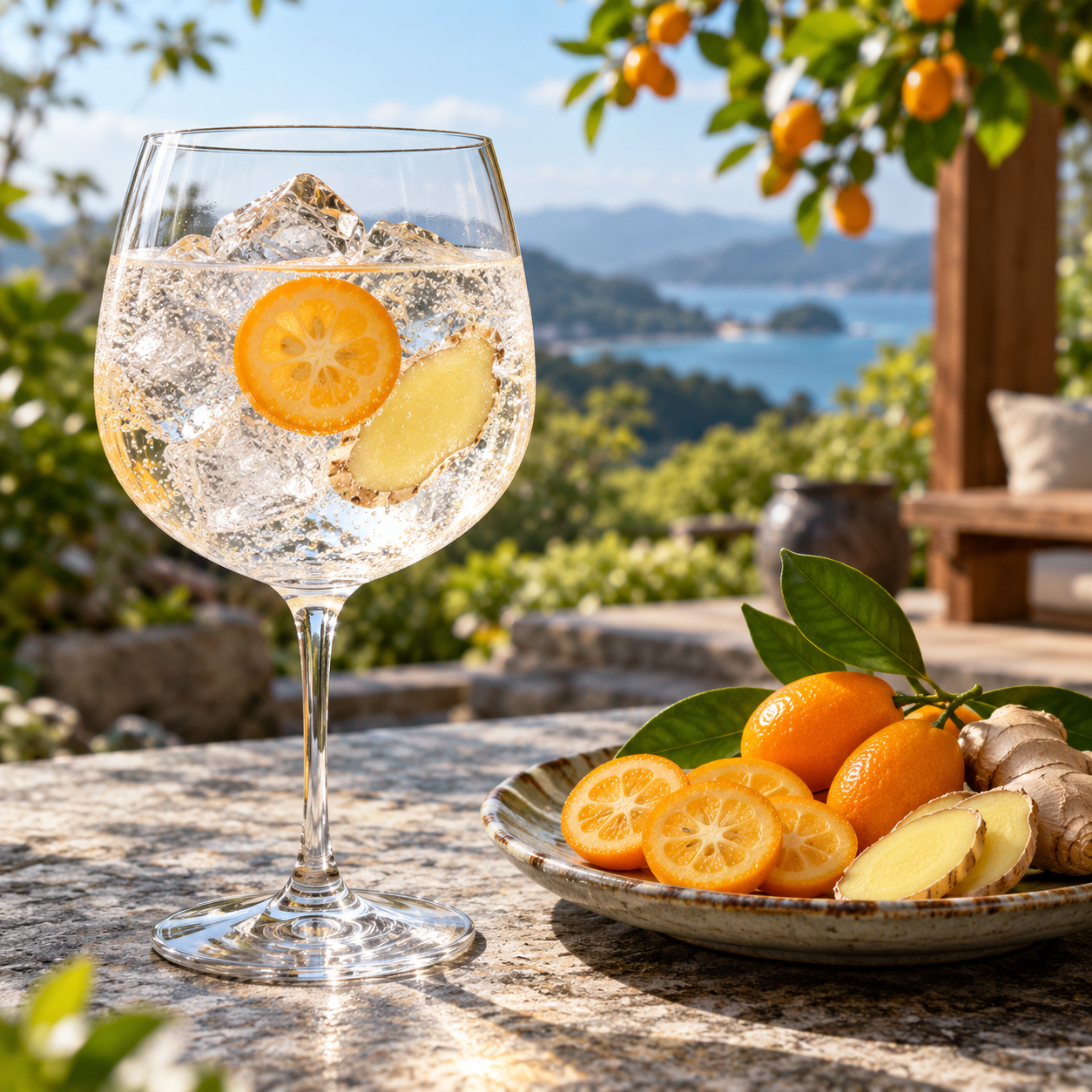 OSUZU GIN Kumquat served with Sanpellegrino Tonica Citrus, garnished with Dehydrated Cumquat Wheel