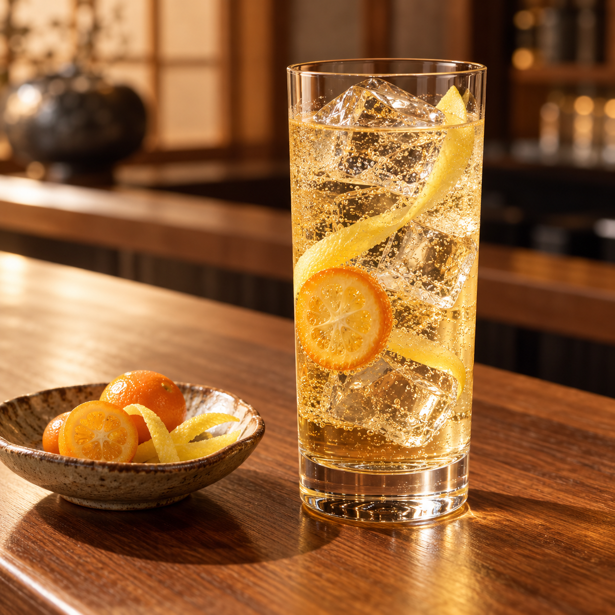 Wabijin Double Cask Finish 2020 served with Fever-Tree Premium Soda Water, garnished with Kumquat Slice