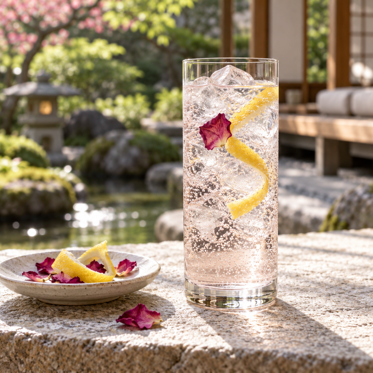 Wabijin Damask Rose served with Fever-Tree Premium Soda Water, garnished with Lemon twist and Dried Rose Petal