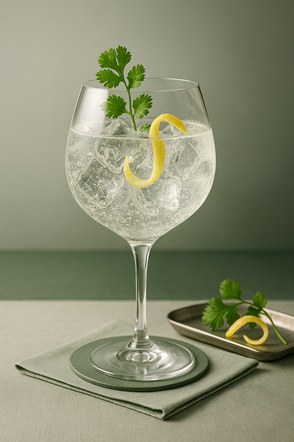 Belgin Fresh Hop Gin served with Fever-Tree Elderflower Tonic Water, garnished with lemon zest twist and fresh coriander sprig