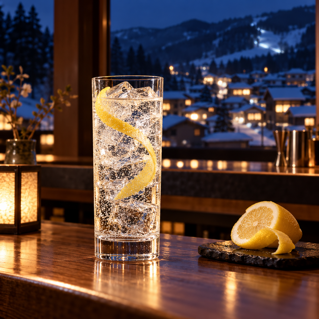 Classic Dry Gin served with Fever-Tree Premium Soda Water, garnished with Lemon twist