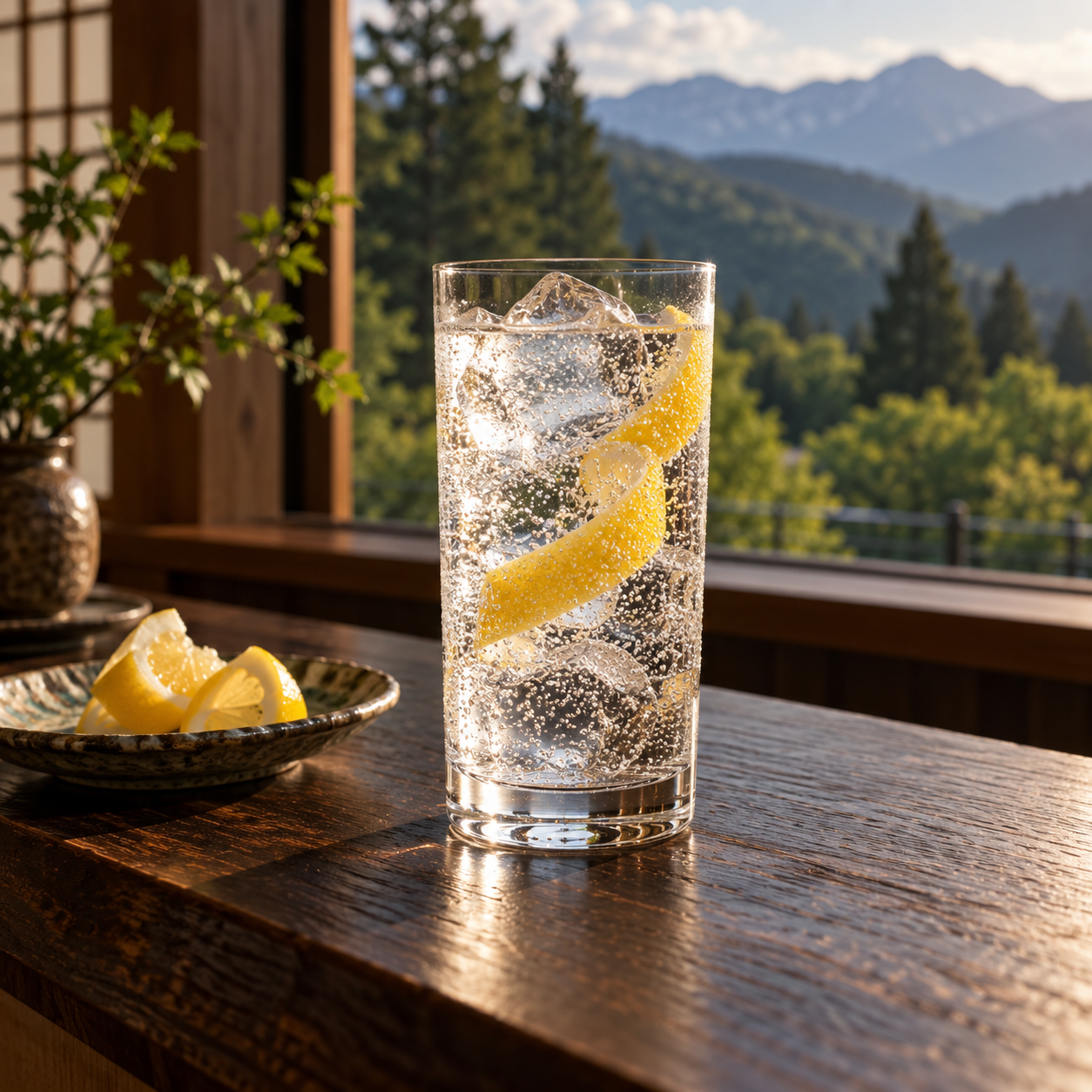 Nozawa Gin served with Fever-Tree Premium Soda Water, garnished with Lemon twist