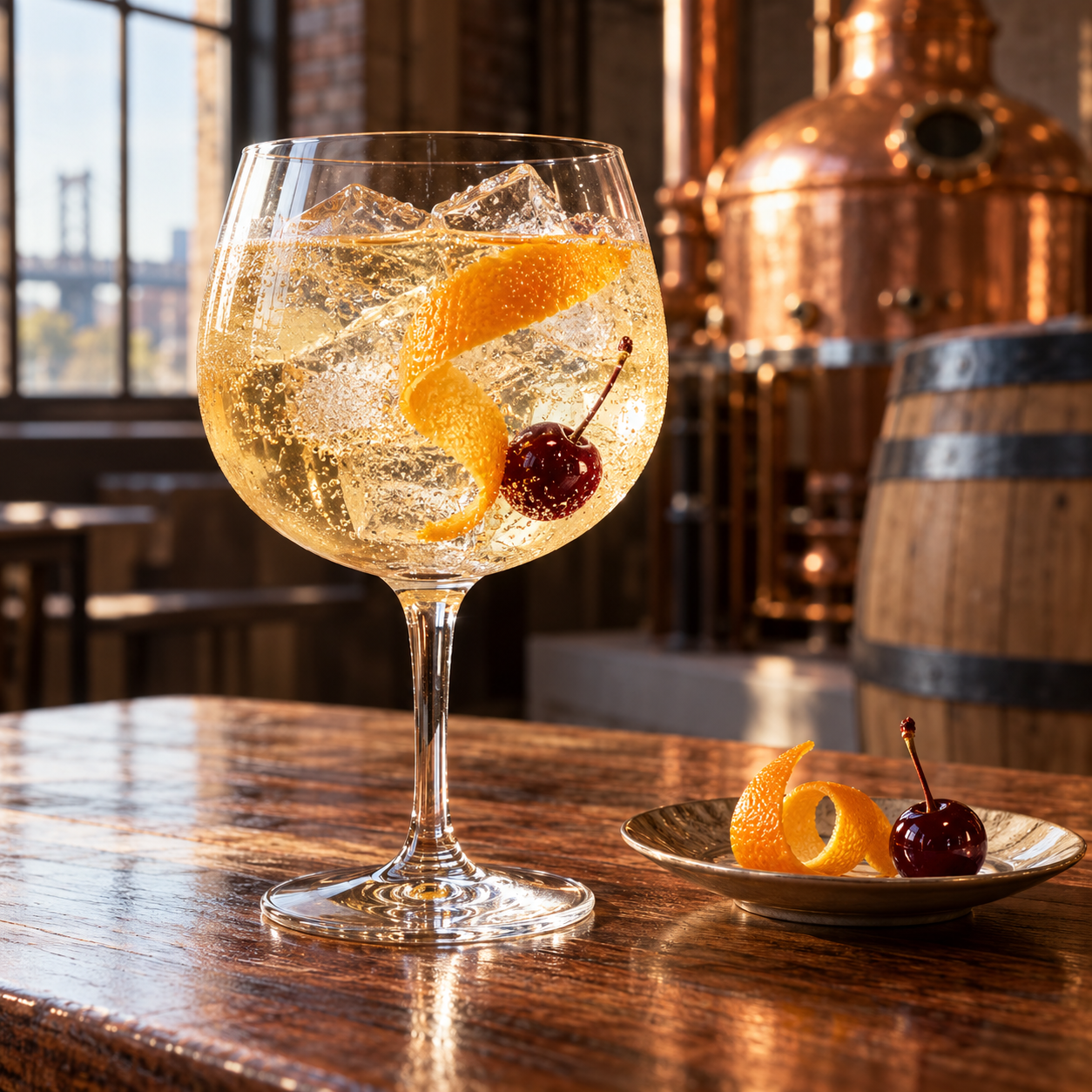Bluecoat Barrel-Finished Gin served with East Imperial Old World Tonic Water, garnished with Orange twist and Cocktail Cherry