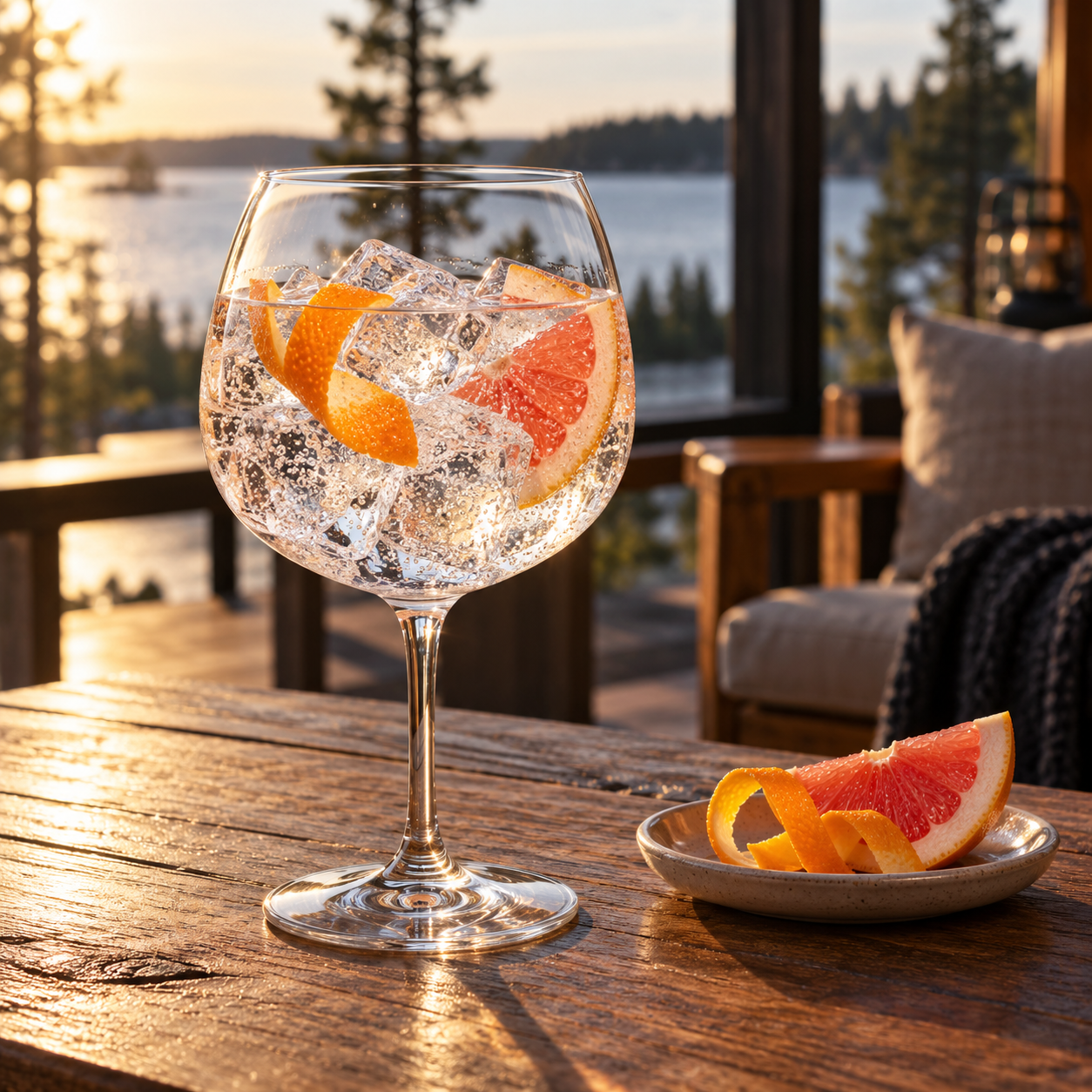 Gustaf Navy Strength Gin served with Thomas Henry Dry Tonic, garnished with Orange twist and Pink grapefruit wedge