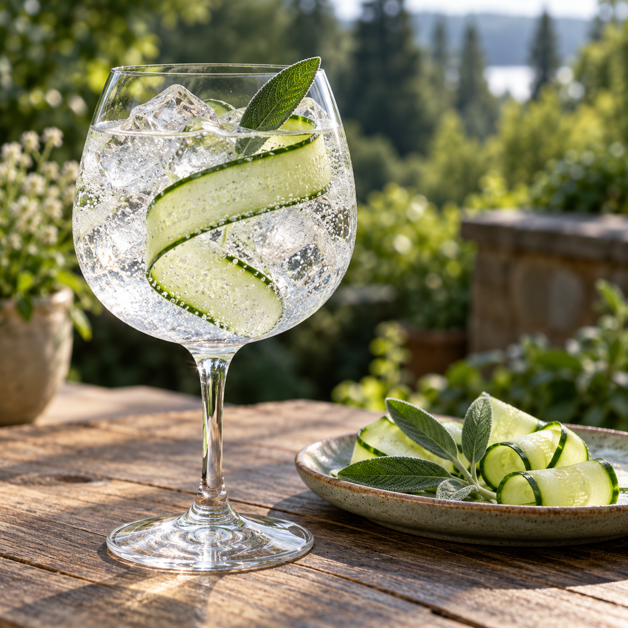 Blue Spirits Ghost Gin 7 served with Double Dutch Indian Tonic Water, garnished with Cucumber Ribbon and Fresh Sage Leaf