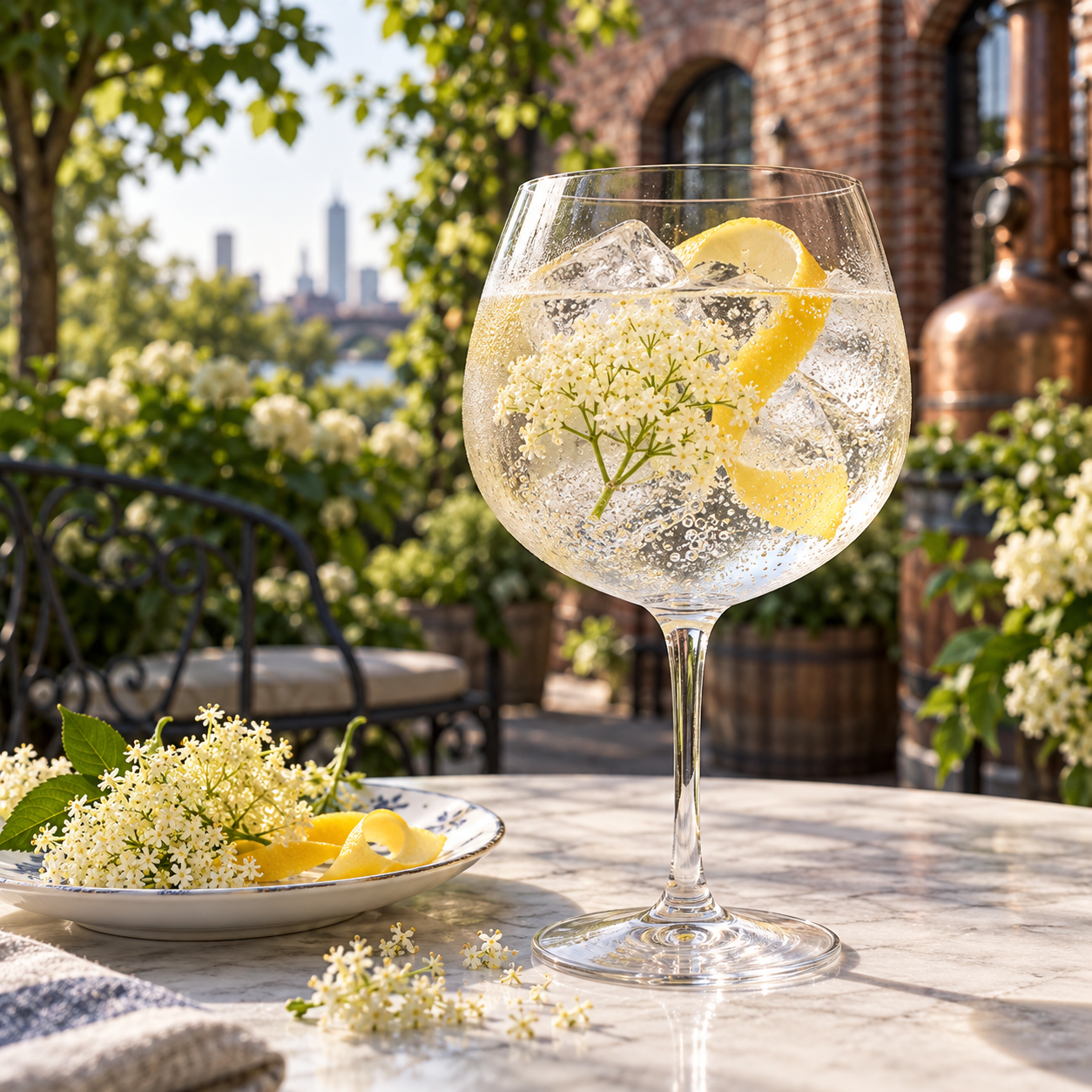 Bluecoat Elderflower Gin served with Fentimans Elderflower Tonic Water, garnished with Edible elderflowers and Lemon twist