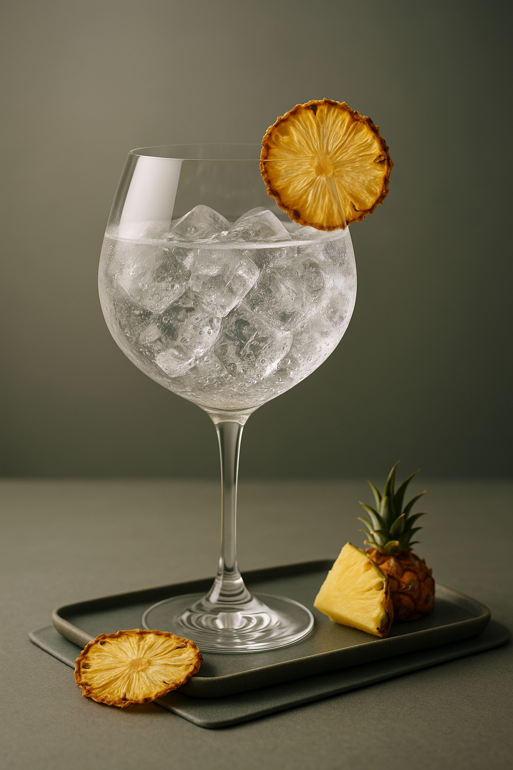 Bel Air Gin served with Fentimans Tropical Soda, garnished with thin slice of dehydrated pineapple