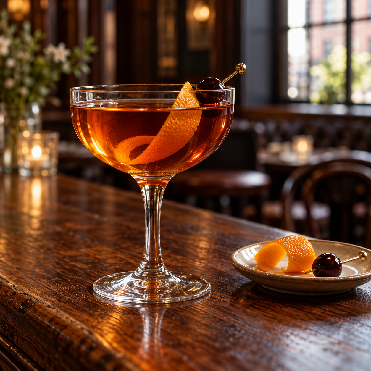 Greenhook Old Tom Gin served, garnished with Orange twist and Cocktail Cherry