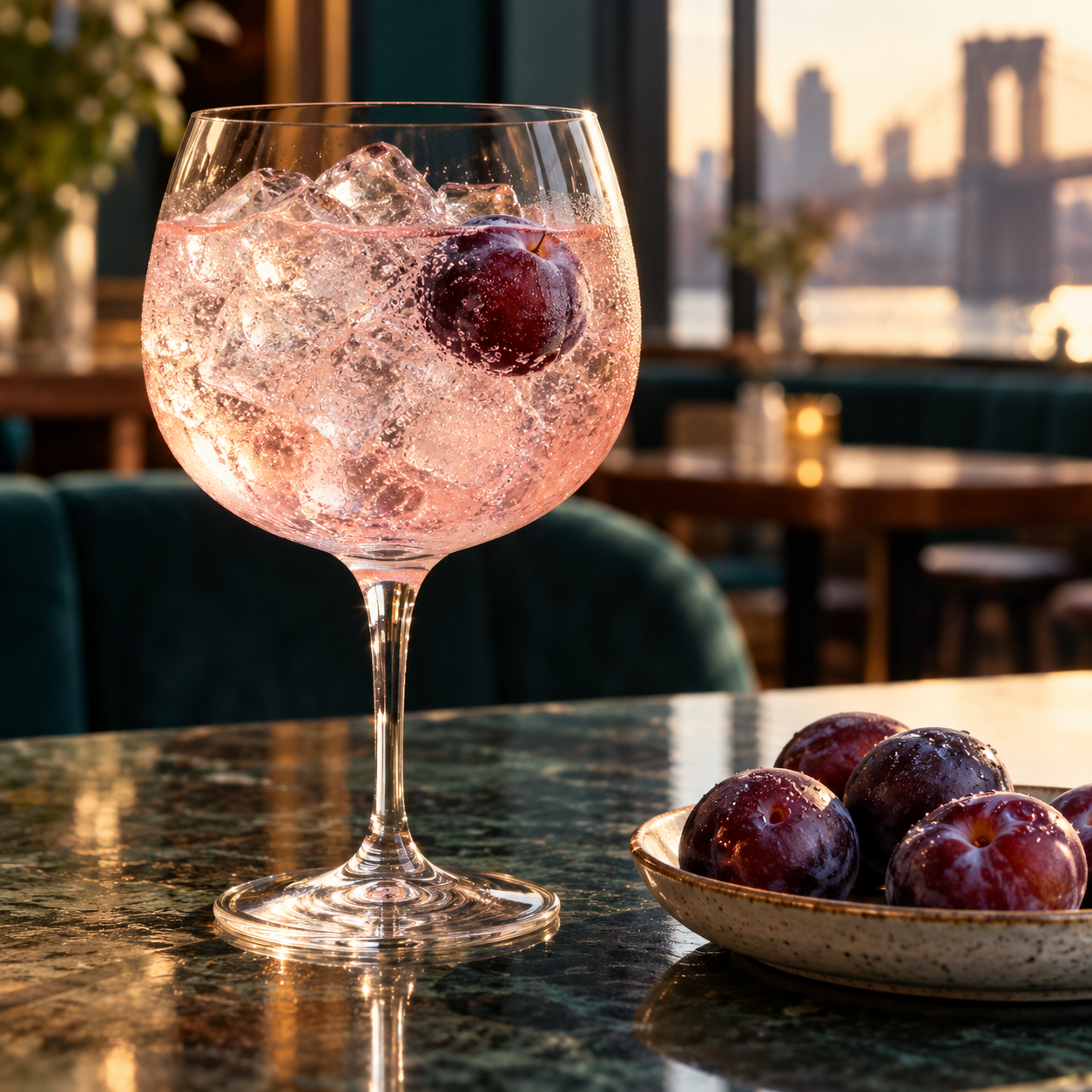 Greenhook Beach Plum Gin served with Fever-Tree Premium Soda Water, garnished with Plum slice