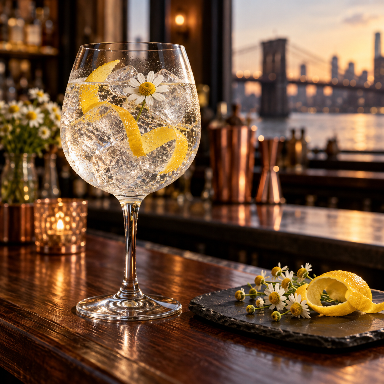 Greenhook American Dry Gin served with Double Dutch Indian Tonic Water, garnished with Long lemon twist