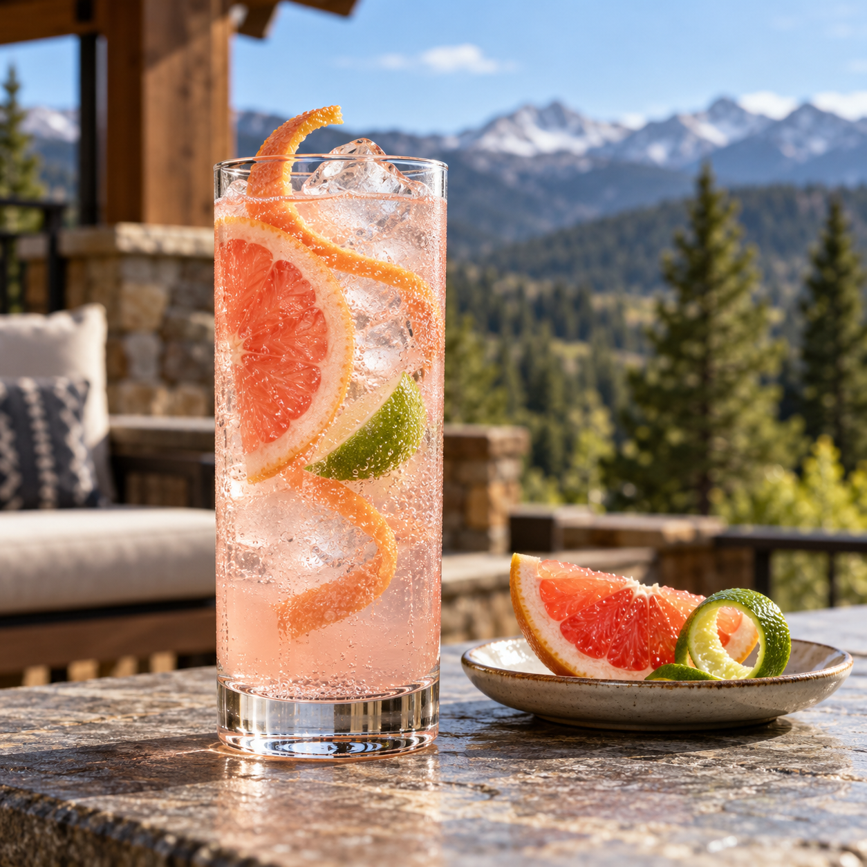 Spring44 Gin served with tart grapefruit soda, garnished with Twist of Pink Grapefruit Zest and Fresh Lime Wedge
