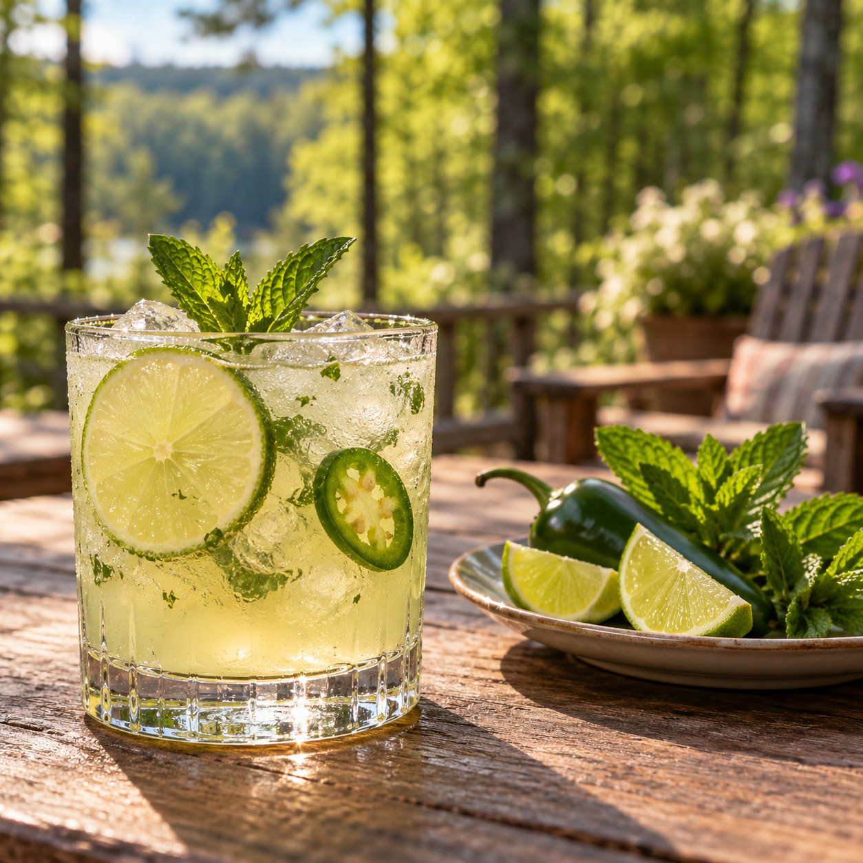 Iron Fish Michigan Woodland Gin served, garnished with Jalapeño Slice and Fresh Mint