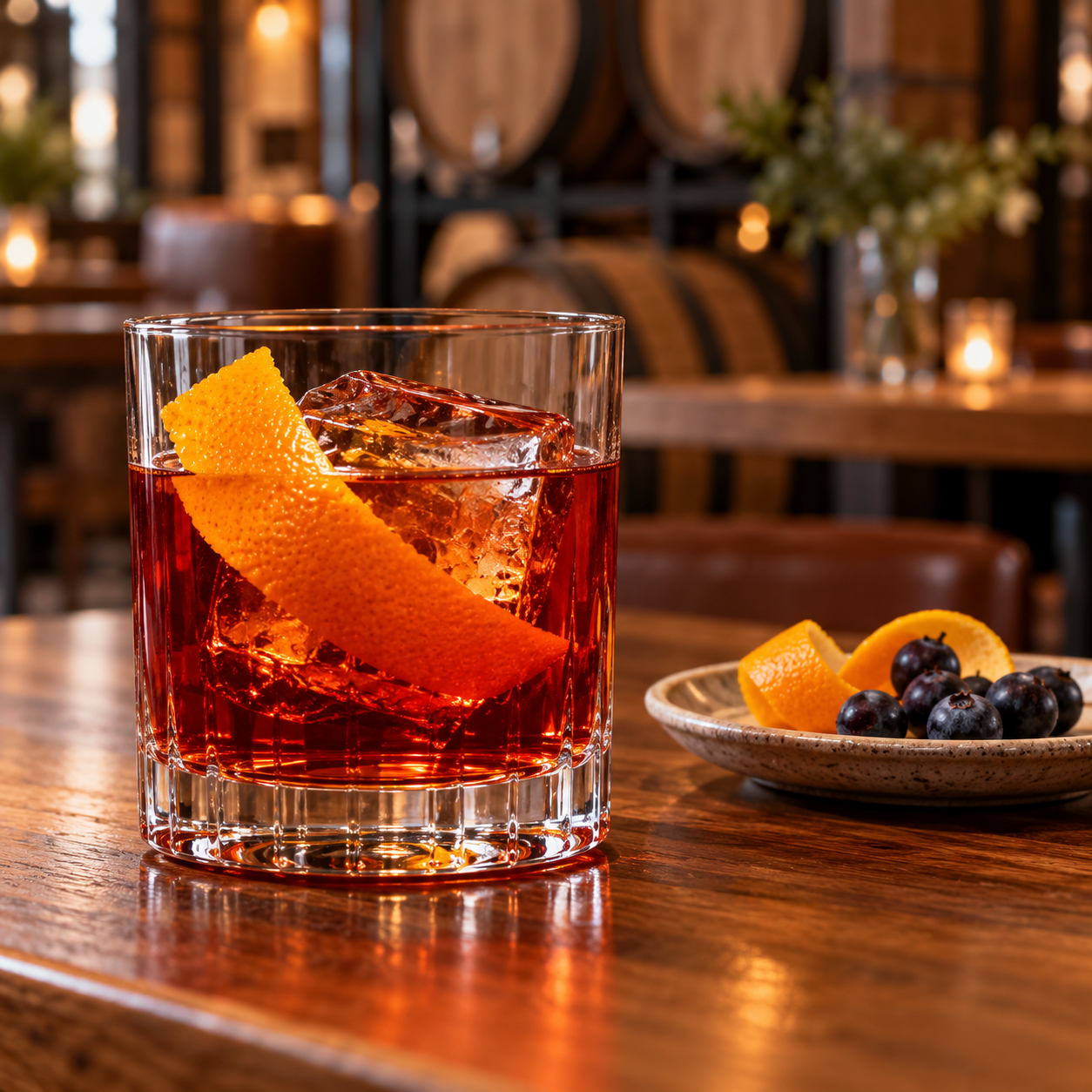 Journeyman Bilberry Black Hearts Barrel Aged Gin served, garnished with Orange twist