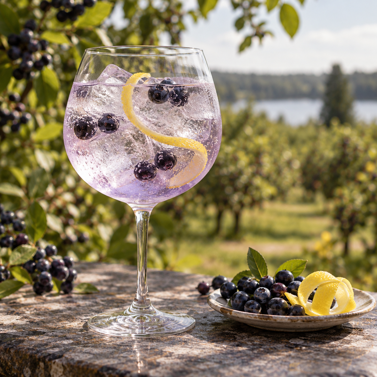 Journeyman Bilberry Black Hearts Gin served with &T Blueberry Tonic Water, garnished with Fresh Bilberries and Lemon twist