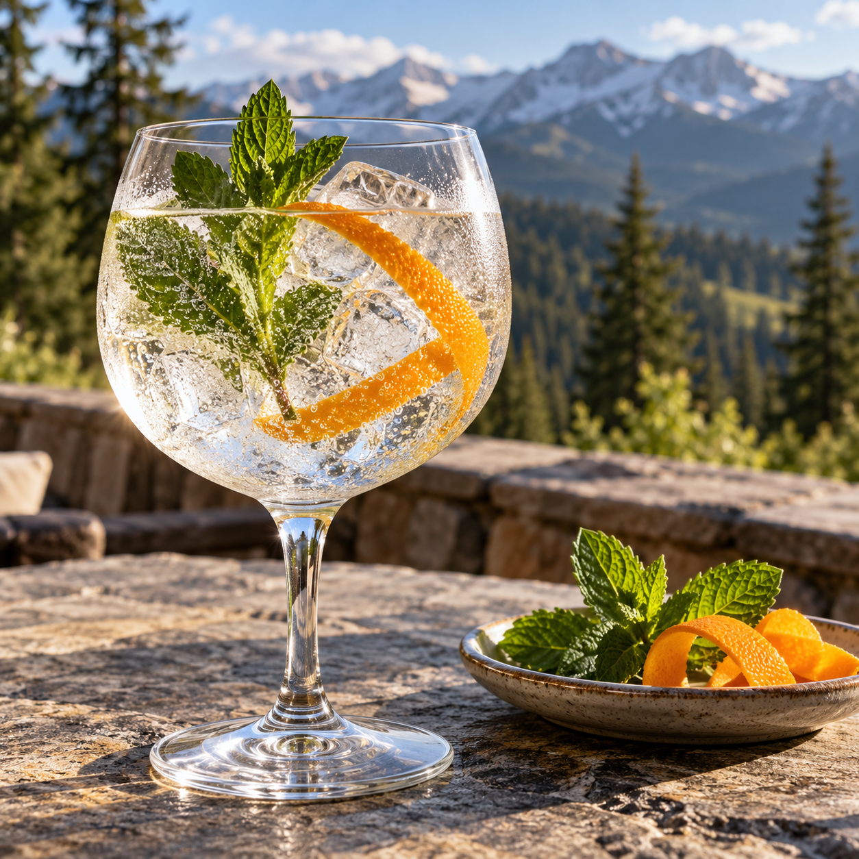 Spring44 Mountain Gin served with Fentimans Herbal Tonic Water, garnished with Mint Sprig and Orange twist