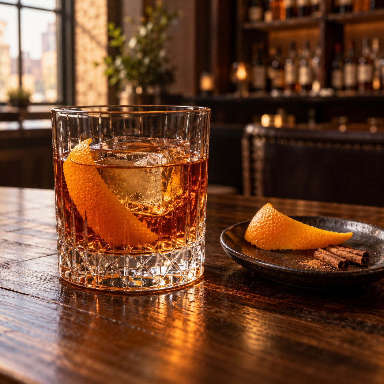 Watershed Bourbon Barrel Aged Four Peel Gin served, garnished with Broad orange peel
