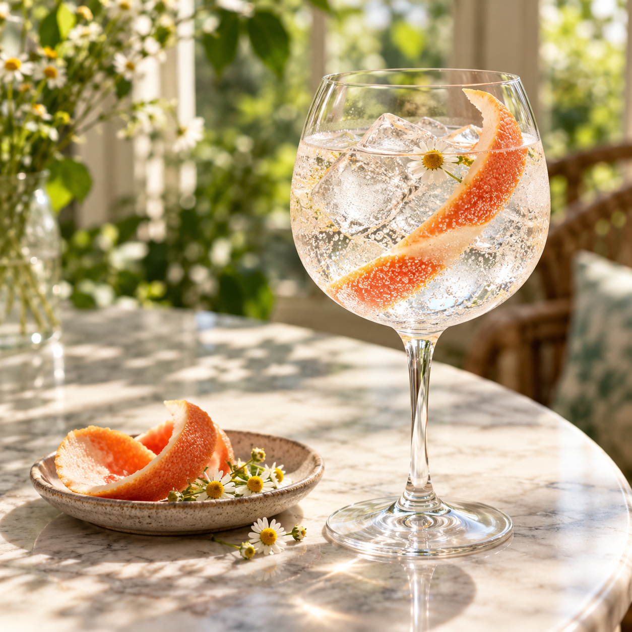 Watershed Guild Gin served with East Imperial Grapefruit Tonic, garnished with Fresh Grapefruit Peel and Chamomile Flower
