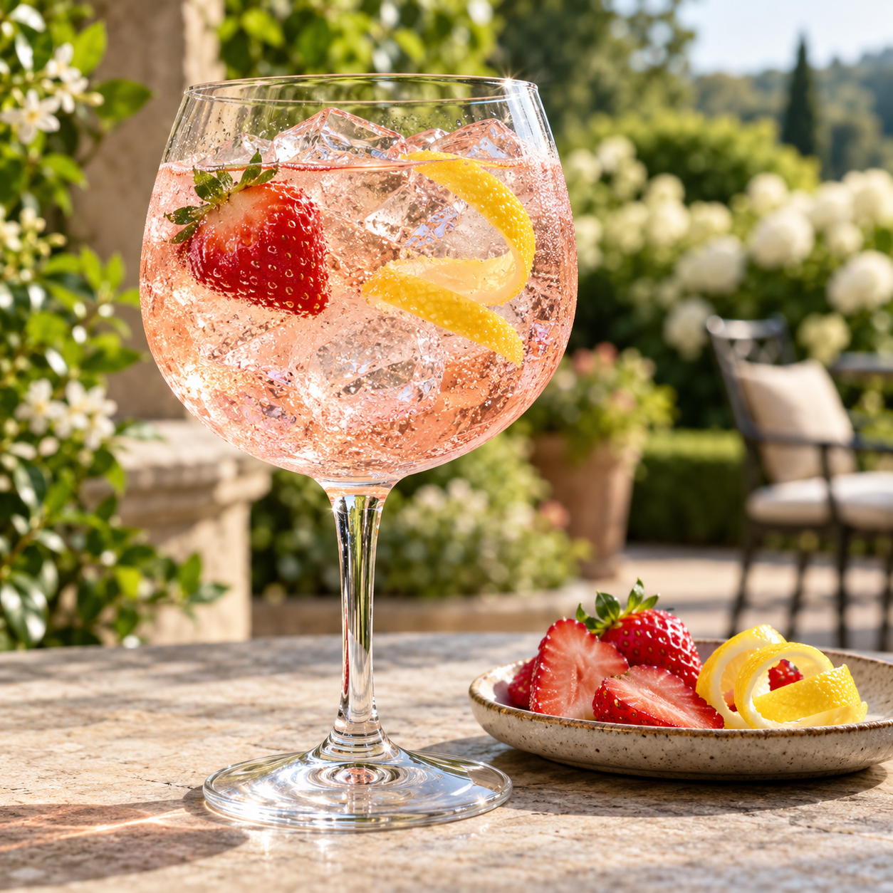 Watershed Four Peel Strawberry Gin servi avec Fentimans Pink Grapefruit Tonic Water, agrémenté de fraise frais et zeste de citron