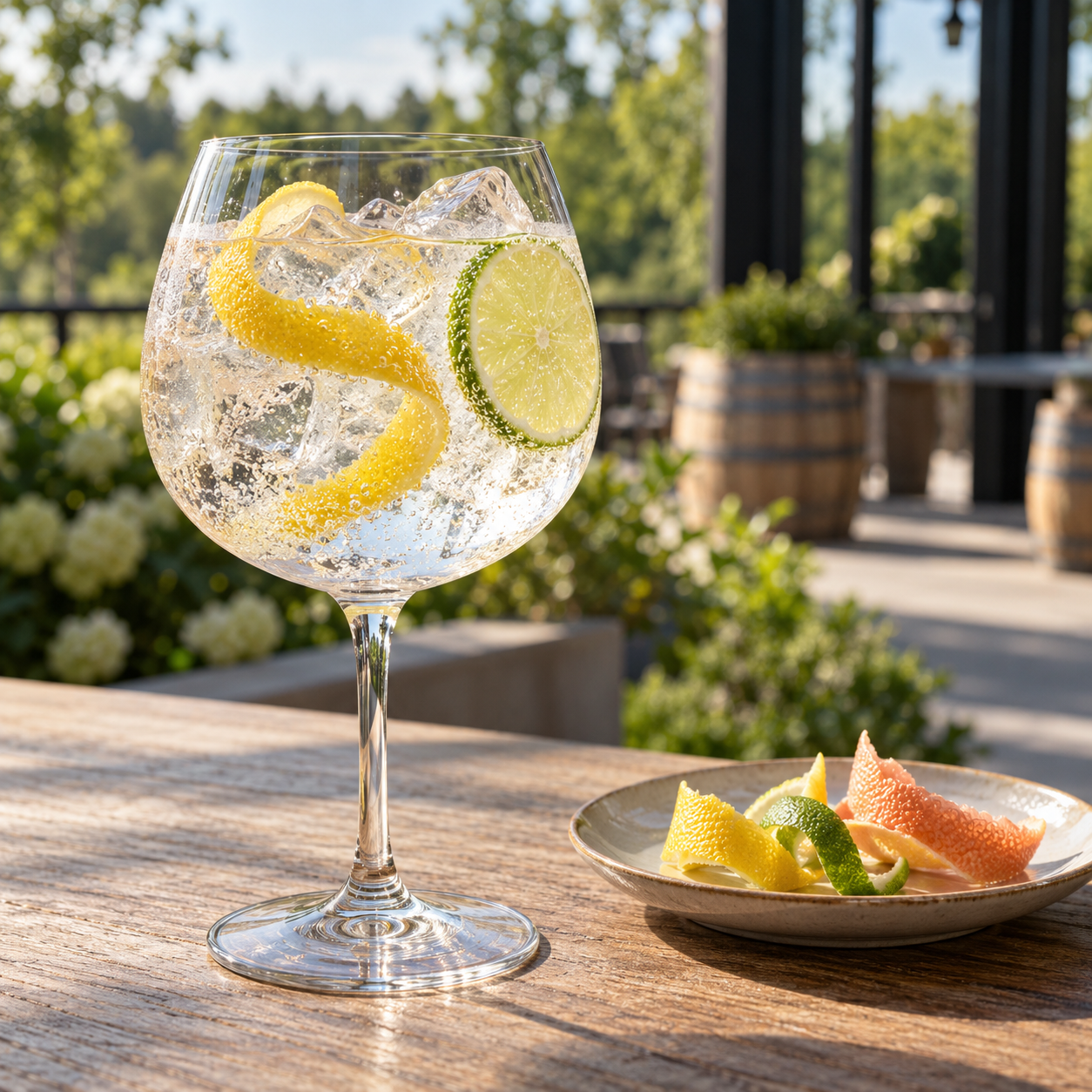 Watershed Four Peel Gin served with Double Dutch Indian Tonic Water, garnished with Long lemon twist and Fresh Lime Wedge