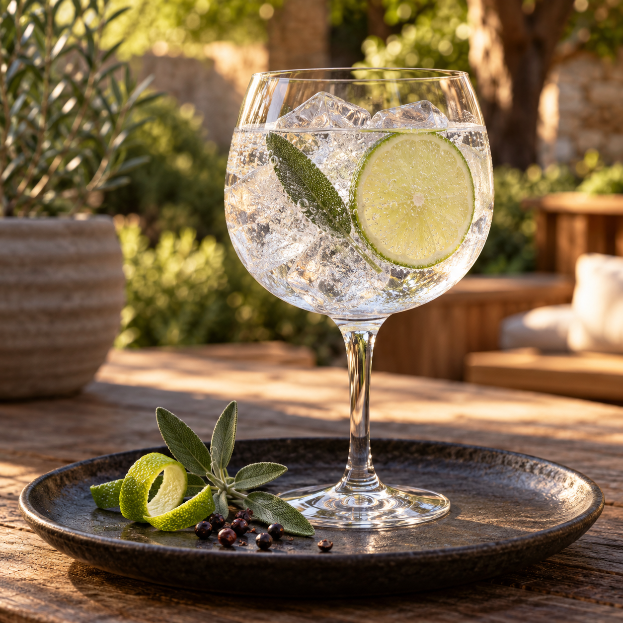 Imperfect Spirits Original Dry Gin served with Long Rays Original Tonic, garnished with Lime Wheel and Sage Leaf