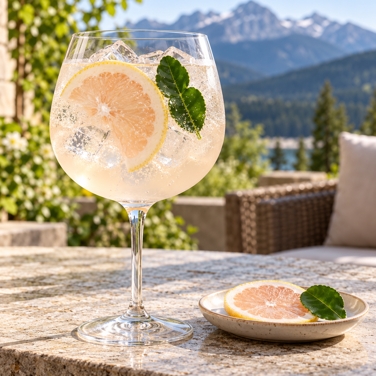 Wild Life White Grapefruit Gin servi avec Fentimans Pink Grapefruit Tonic Water, agrémenté de zeste de pamplemousse blanc et feuille de combava fraîche