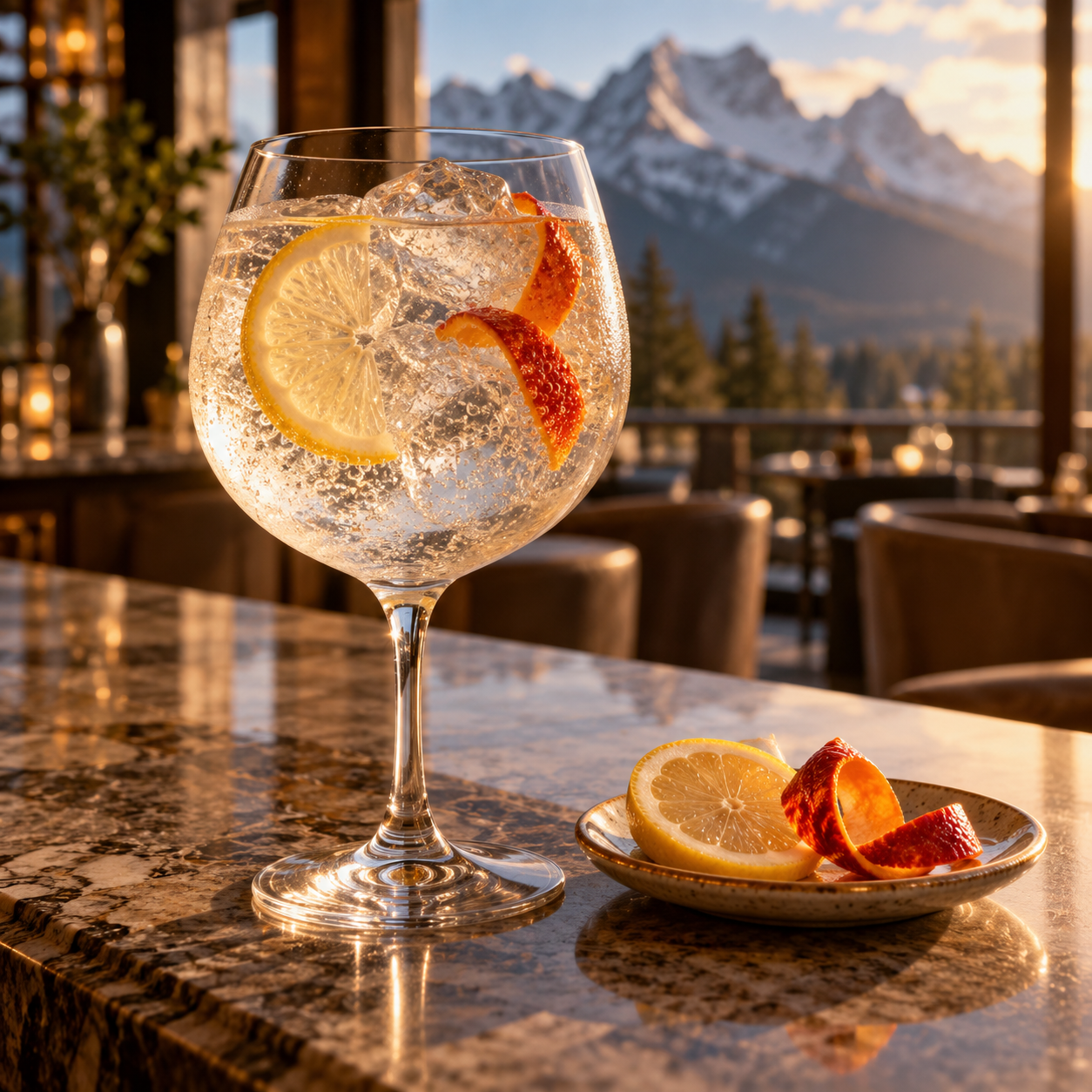 Wild Life Classic Gin served with 1724 Tonic Water, garnished with Lemon twist and Blood Orange Peel Twist