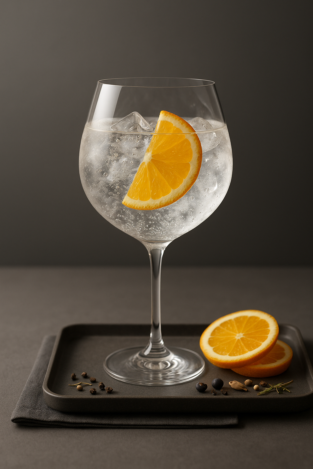 Benefício Gin Delicado served with Fever-Tree Mediterranean Tonic Water, garnished with thin slice of fresh orange