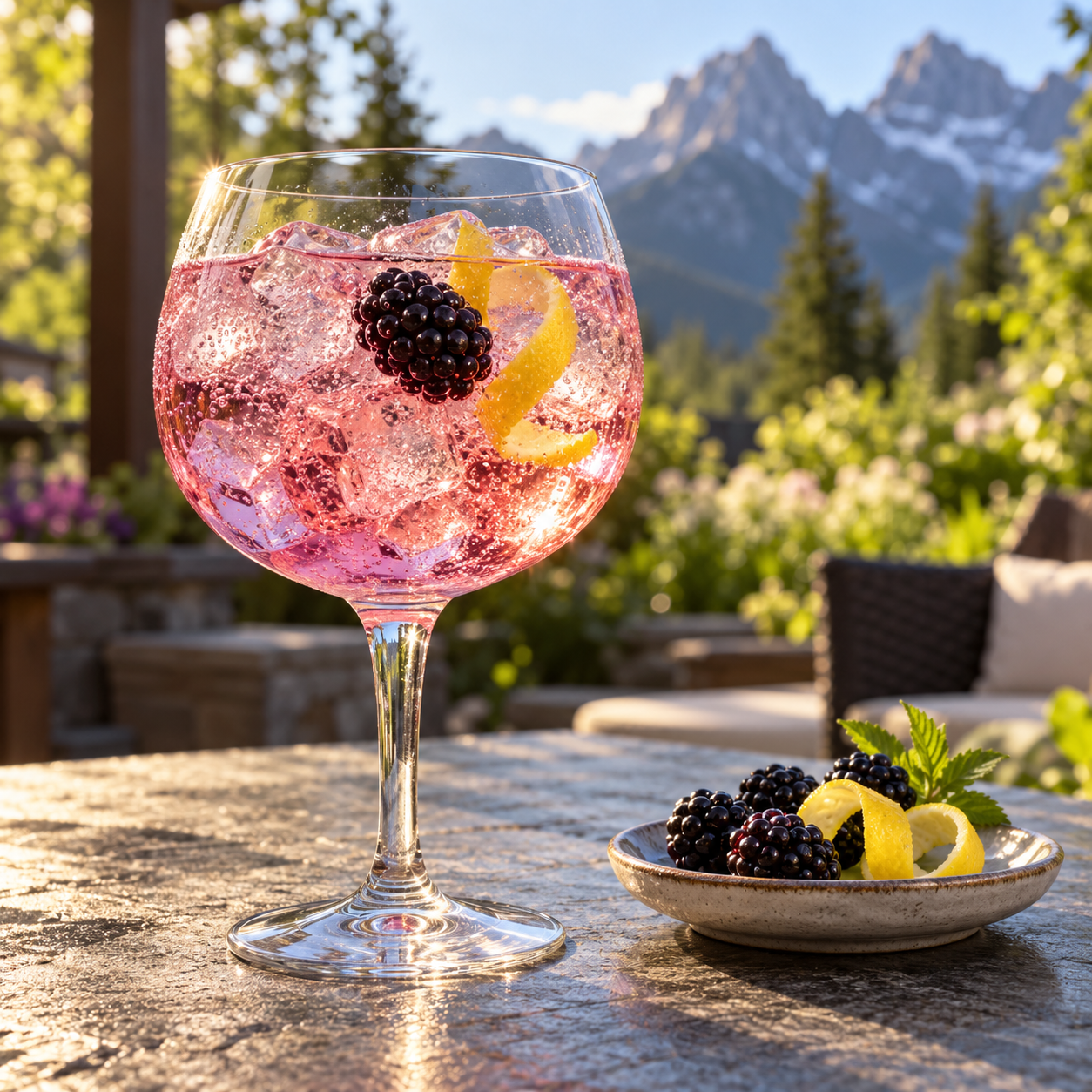 Wild Life Blackberry Gin served with Double Dutch Elderflower Tonic, garnished with Blackberries and Lemon twist