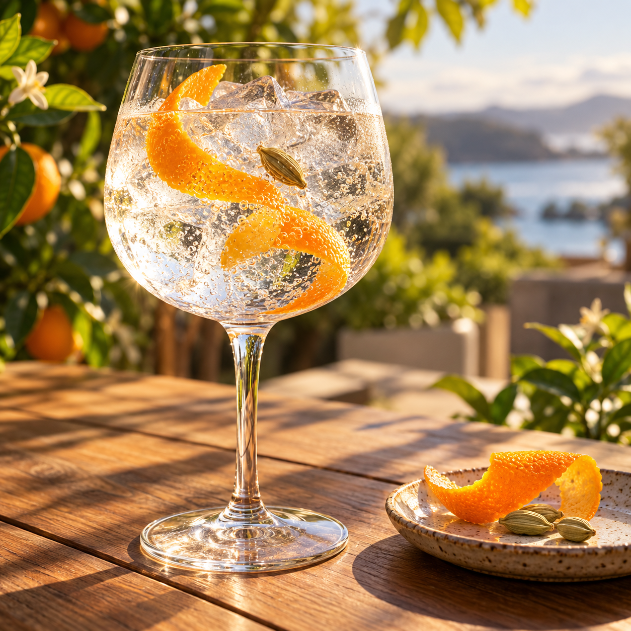 Weekender Orange Gin served with Thomas Henry Mediterranean Tonic, garnished with Orange twist and Cardamom