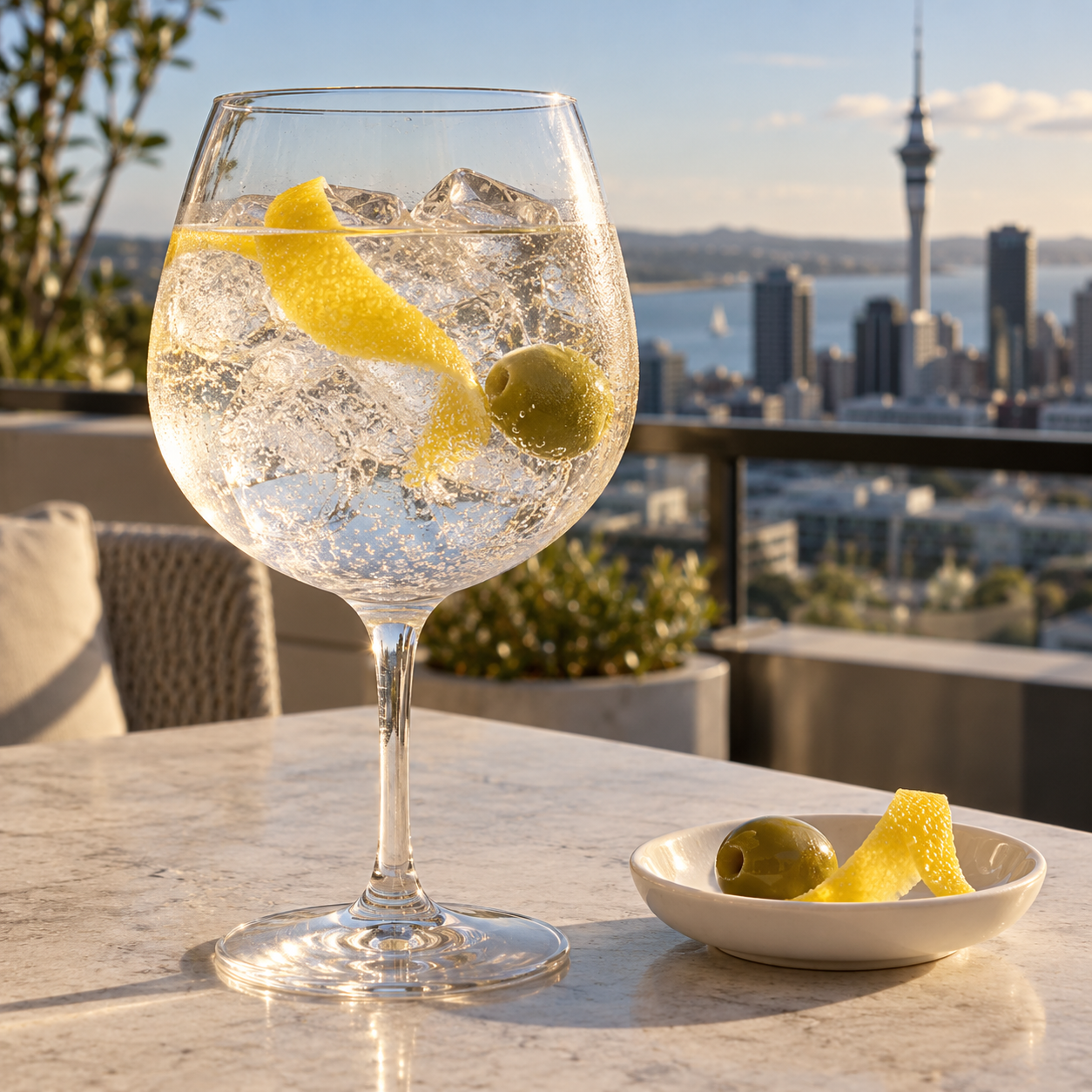 Weekender Classic Gin served with 1724 Tonic Water, garnished with Orange twist and Green Olive