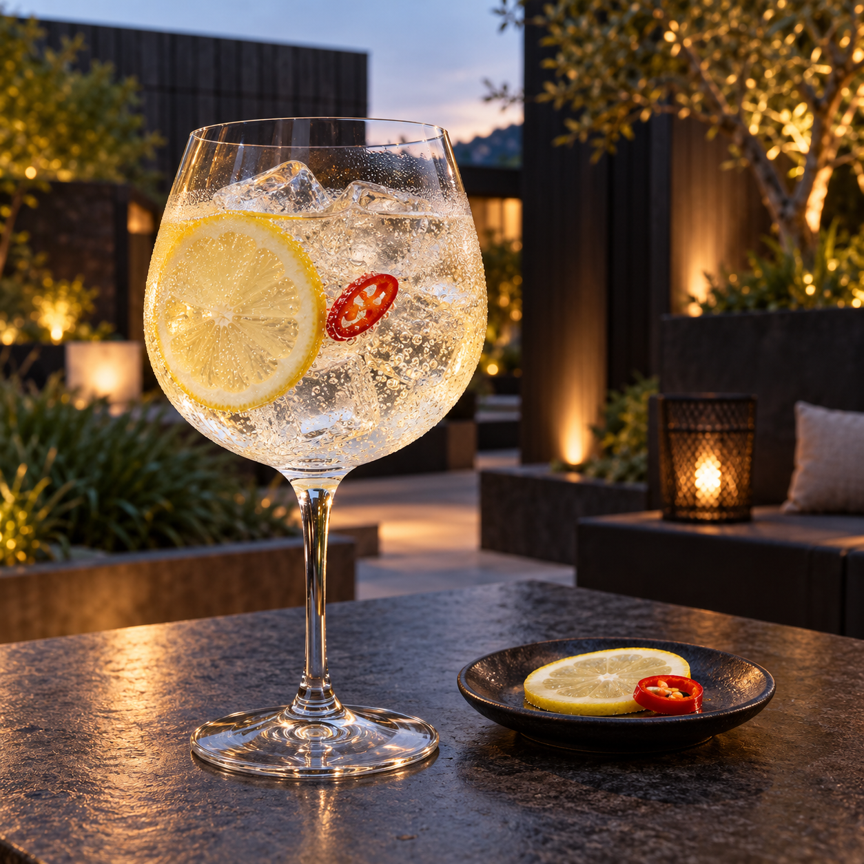 Weekender Jalapeno Lemon Gin served with Alchemy & Tonic Yuzu & Lemongrass Tonic Water, garnished with Lemon twist and Chilli Ring