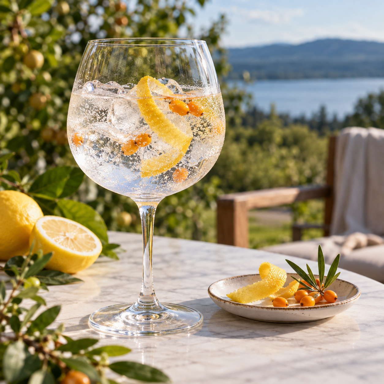 Ubald Gin fin zesté served with Fever-Tree Indian Tonic Water, garnished with Lemon Peel and Sea Buckthorn Berries